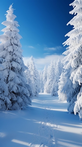 Śnieżne sosny na tle tętniącego życiem niebieskiego nieba malownicza zima pionowa mobilna tapeta