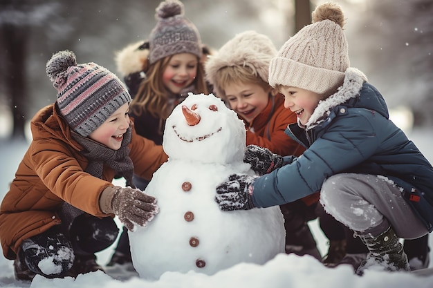 Zdjęcie Śnieżne stworzenia dzieci budują bałwana śnieżnego w zimowym kraju cudów