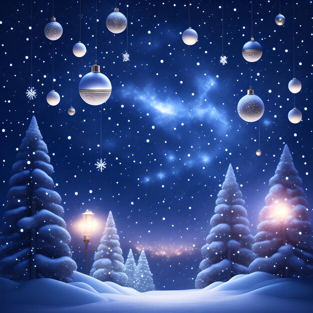 Zdjęcie Śnieżne tło nocnego nieba z wiszącymi kulkami świąteczną tapetą