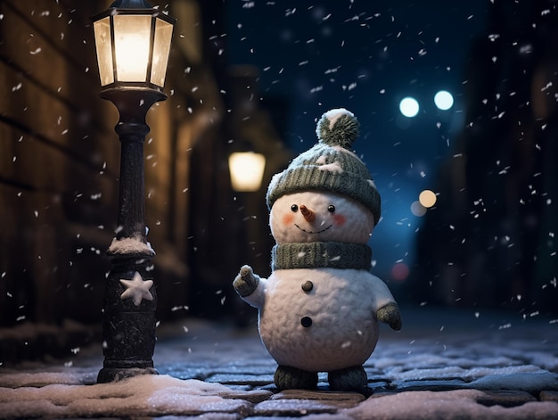 Zdjęcie Śnieżny człowiek stoi na ulicy w ciemną noc z lampą uliczną w świąteczną noc