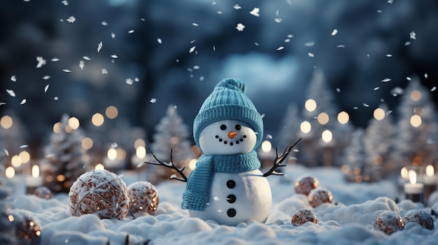 Śnieżny człowiek w śniegu choinka świąteczna tło