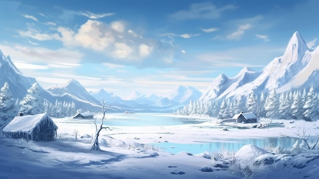 śnieżny górski krajobraz z domkiem i jeziorem na pierwszym planie generatywny ai