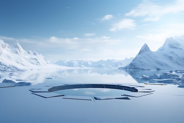 Śnieżny górski krajobraz z okrągłym podium 3d render ilustracja