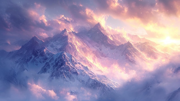 Śnieżny krajobraz górski z eterycznymi chmurami dryfującymi wokół szczytów światło słoneczne tworzące magiczną i marzycielską atmosferę nad alpejskim krajobrazem Generatywna sztuczna inteligencja
