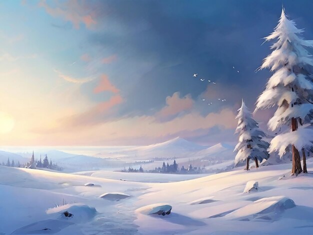 Śnieżny krajobraz górski z sosnami Ręcznie narysowana ilustracja malarska