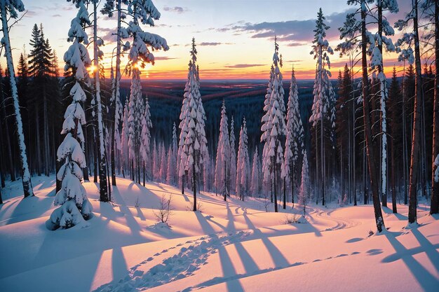 Śnieżny krajobraz Słońce zaglądające przez wysokie drzewa Śnieżny krajobraz
