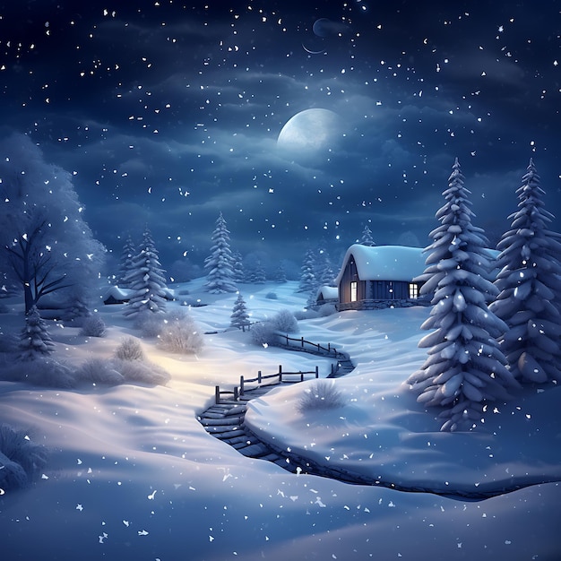Zdjęcie Śnieżny krajobraz z domem i drzewami
