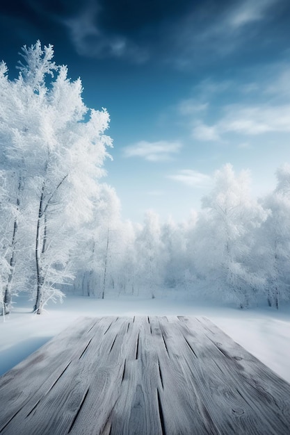 Śnieżny krajobraz z drewnianą ścieżką na pierwszym planie i niebieskim niebem z chmurami.