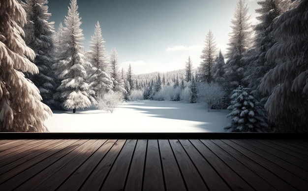 Śnieżny krajobraz z drewnianym pokładem i śnieżny krajobraz