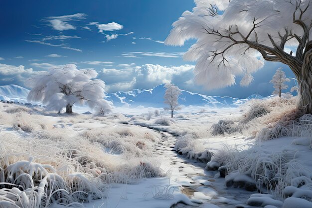 śnieżny krajobraz z drzewami i krzewami na przodzie, jakby to było śnieżne lub mroźne