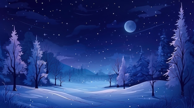 śnieżny krajobraz z drzewami i księżycem