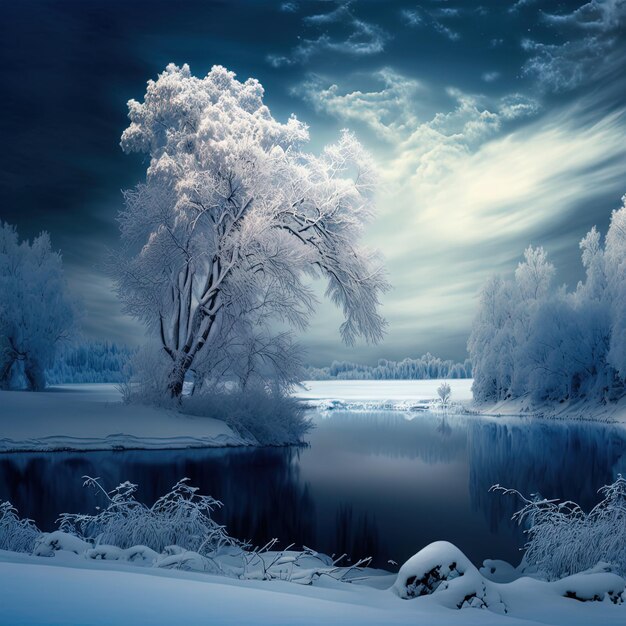 Śnieżny krajobraz z drzewem i jeziorem w tle.
