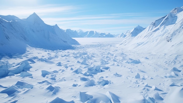 śnieżny krajobraz z górami i błękitnym niebem