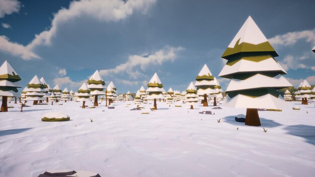 Śnieżny krajobraz z jodłami Żadnych ludzi i zwierząt low poly projektuje wirtualny krajobraz 3d