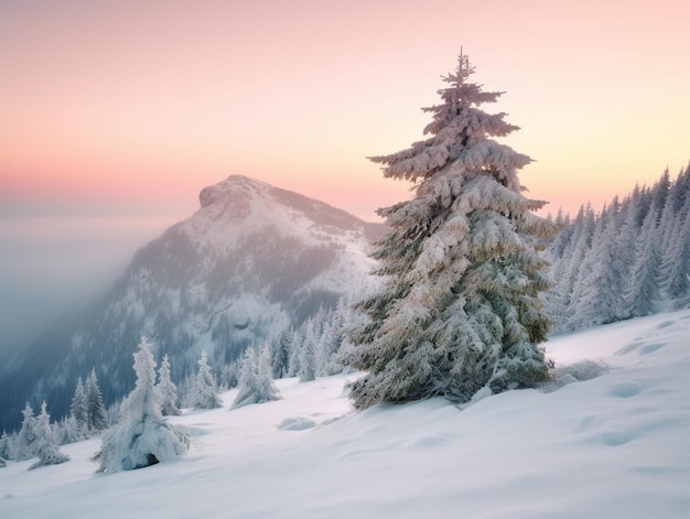 Śnieżny krajobraz z ośnieżoną górą w tle