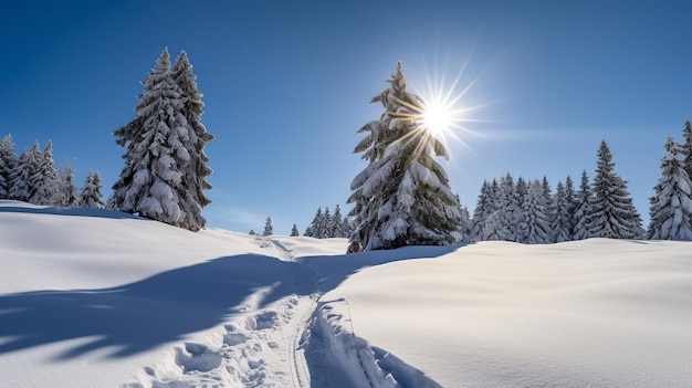 Śnieżny krajobraz ze słońcem świecącym na śniegu