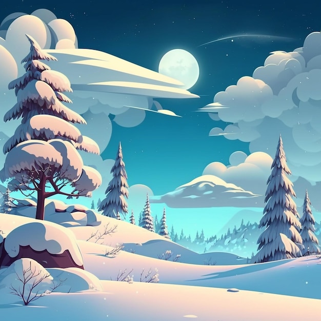 Śnieżny krajobraz ze śnieżnym krajobrazem i pełnią księżyca.