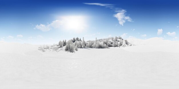 Śnieżny las sosnowy 360 panoramowy rendering 3D