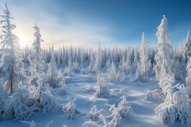 Śnieżny las z błękitnym niebem w tle