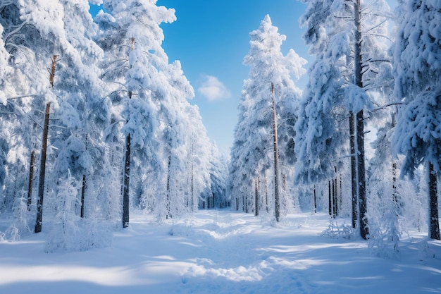 Śnieżny las z drzewami obciążonymi śniegiem