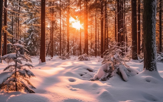 Śnieżny las ze słońcem świecącym na śniegu