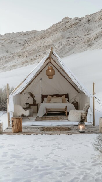 Zdjęcie Śnieżny namiot z przytulnym łóżkiem