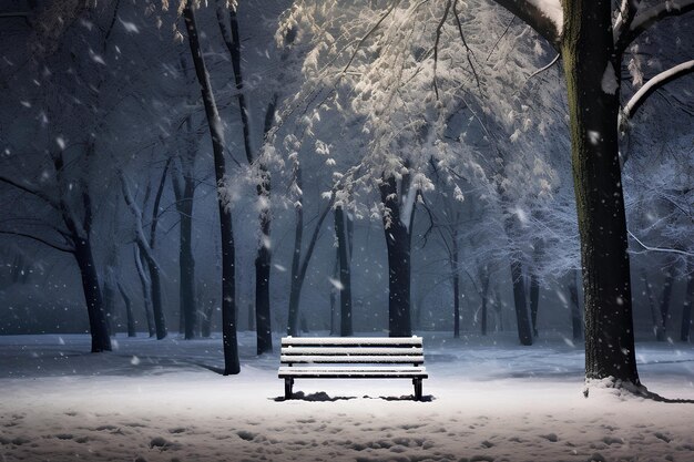 Śnieżny park w nocy z ławką i drzewami