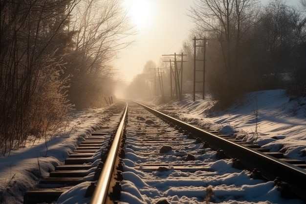 Śnieżny tor kolejowy ze słońcem świecącym na horyzoncie