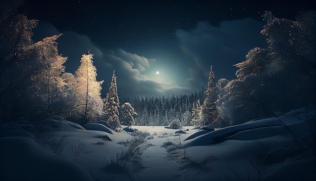 Śnieżny zimowy las nocą z generatywnym ai pełni księżyca