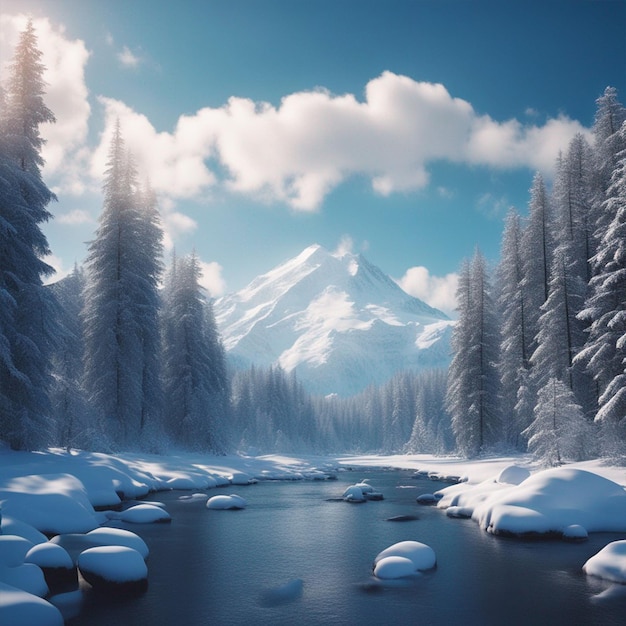 Snow Mountain River Forest Blue Sky Piękna tapeta ai generowana