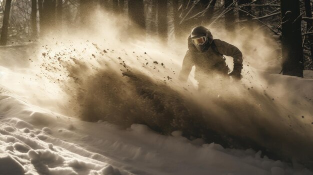 Zdjęcie snowboarder przepływa przez leśną łąkę pozostawiając śnieg w proszku