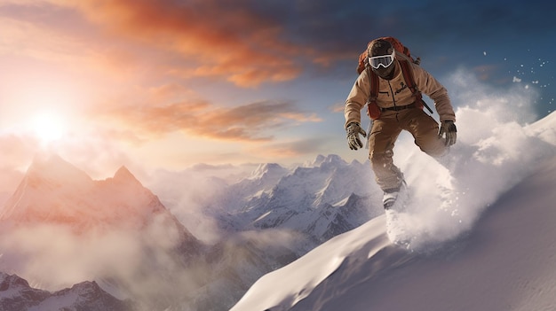 Snowboarder skaczący w wysokich górach