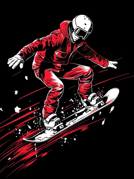 snowboarder w czerwonym garniturze jeździ na desce śnieżnej