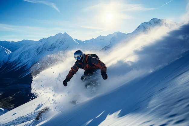 Snowboarder zanurza się po mroźnych zboczach w nietkniętej górskiej dziczy przygodzie