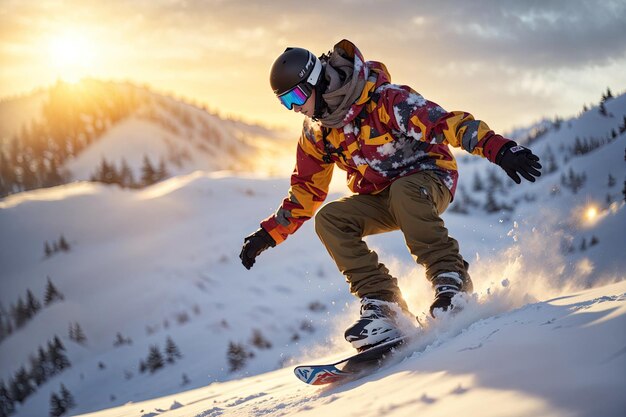 Snowboardzista skacze po zaśnieżonym stoku zimą