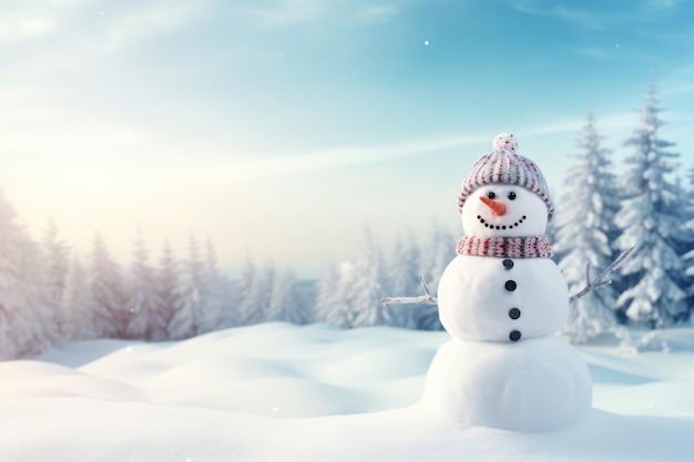 Snowman w zimowym lesie przy zachodzie słońca Boże Narodzenie i Nowy Rok tło Panoramiczny widok szczęśliwego snowmana w zimowym krajobrazie z kopiowaniem przestrzeni AI Generated