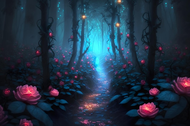 Snowstorm Rose Trail Twilight Glowing Rose Forest z świetlikiem i kryształem lawy Luminous AI Generat