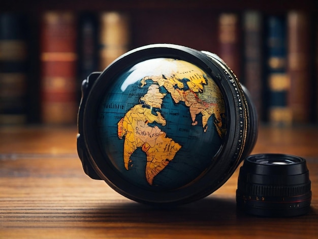 Soczewka kamery i tapeta globusa świata
