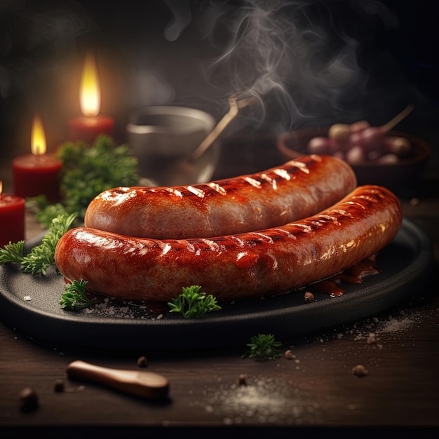 Soczysta Grillowana Kiełbasa Na Ciemnym Tle Dymny Smak I Przepyszny Aromat Idealny Do Każdego Plakatu Bbq Wygenerowanego Przez Ai