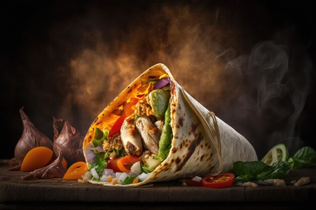 Soczysta shawarma z kurczakiem wypełniona aromatycznymi przyprawami i warzywami stworzona za pomocą generative ai