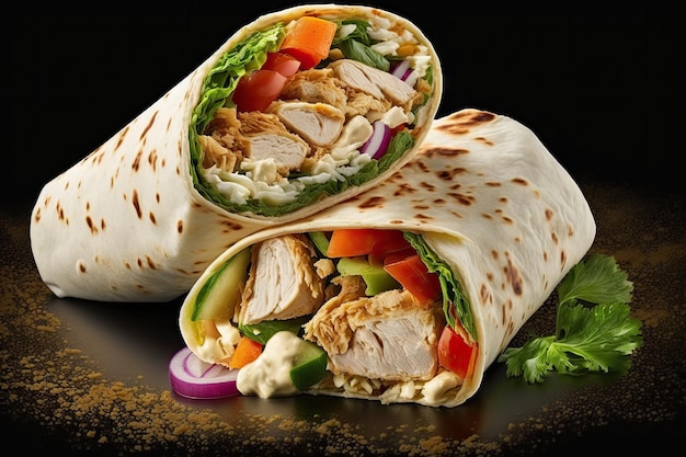 Soczysta shawarma z kurczakiem wypełniona chrupiącymi warzywami i ciepłą pitą stworzona z generative ai