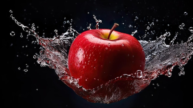 Soczyste czerwone jabłko w plamach wody na ciemnym tle Generative AI