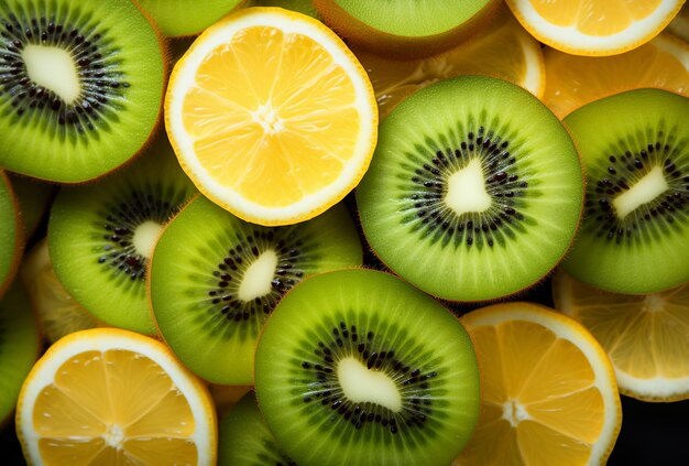 Soczyste i świeże Kiwi i cytryna pokrojone na siebie Makro Świeżych owoców Sycylijska cytryna