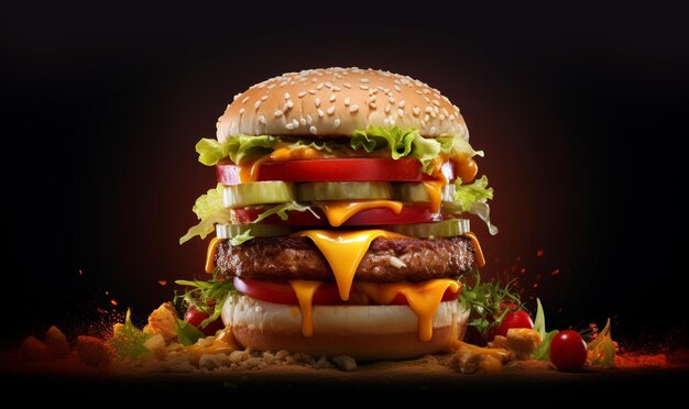 Soczysty amerykański hamburger lub cheeseburger z dwoma pasztecikami wołowymi z sosem i prażonymi