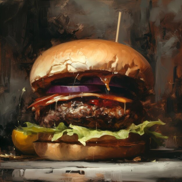 Soczysty burger fotorealistyczna ilustracja na abstrakcyjnym tle