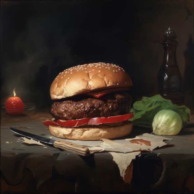 Soczysty burger fotorealistyczna ilustracja na abstrakcyjnym tle