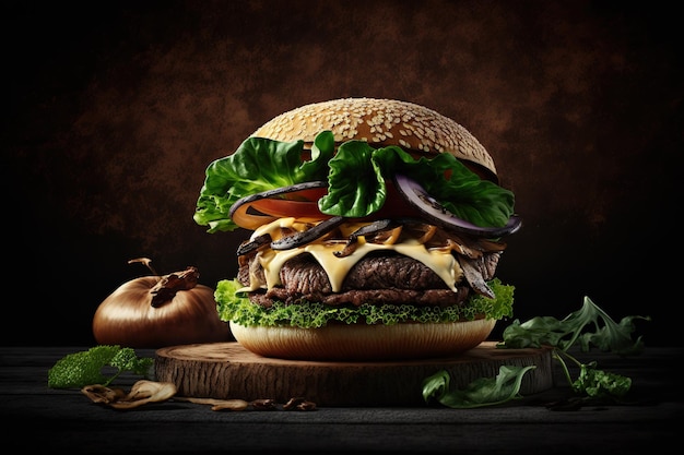 Soczysty burger z mięsem i sałatkąStreet food Generative AI