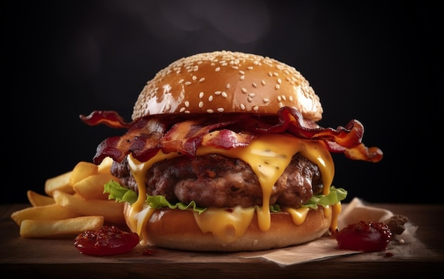 Soczysty burger z roztopionym serem i chrupiącym bekonem Pyszna sztuczna inteligencja