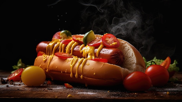 Soczysty Hotdog z dodatkami przypraw Ketchup Mayo i świeża sałatka Kolorowe i apetyczne na ciemnym tle Ai generowane