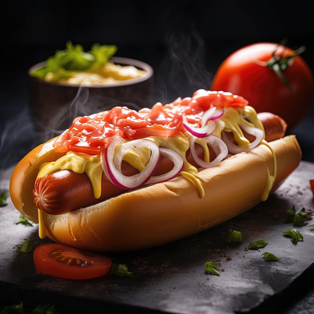 Soczysty Hotdog z dodatkami przypraw Ketchup Mayo i świeża sałatka Kolorowe i apetyczne na ciemnym tle Ai generowane